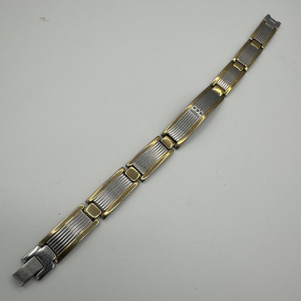 Mens 9" Two Tone Bracelet Stainless Steel Articulated Links Skinny Flat Lay